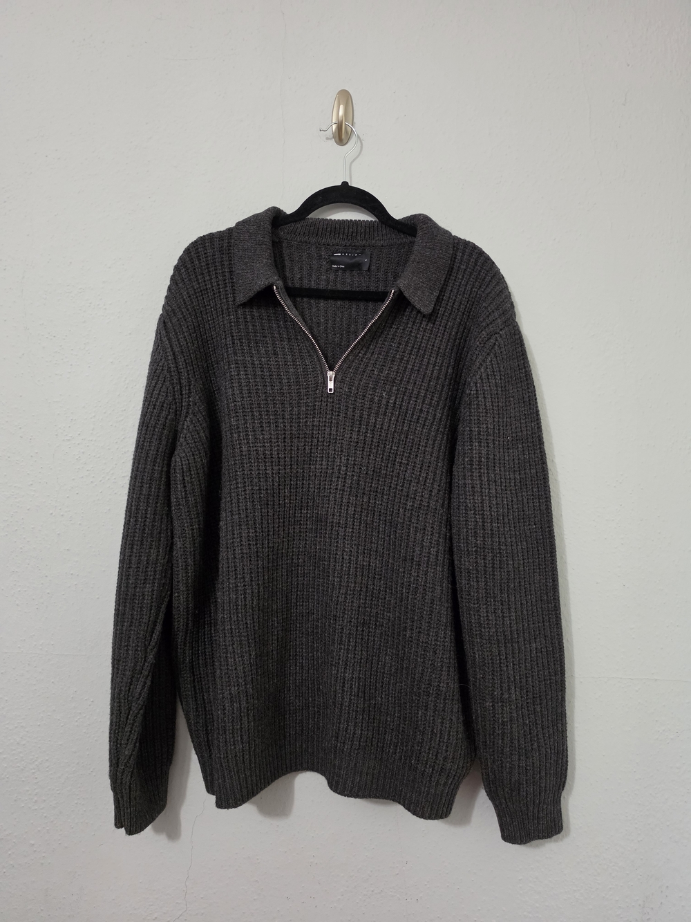 ASOS‎ Design Wool Mix Oversized Heavyweight Qtr Zip Rib Knit Sweater w Collar L